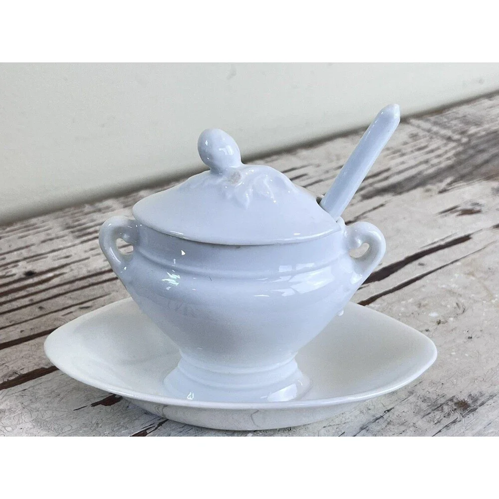 Vintage French White Faience Mustard Pot / Sugar Jam Jelly Pot W/ Spoon 6”